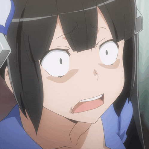 a girl with black hair and white eyes looks surprised