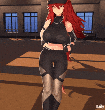 a girl with red hair is wearing a black top that says den on the front
