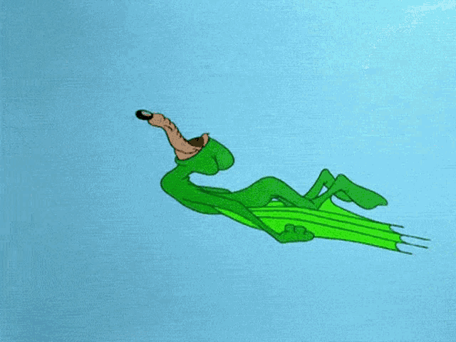 a cartoon frog is flying in the sky with a green umbrella