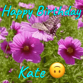 a happy birthday card for kate with purple flowers and a smiley face