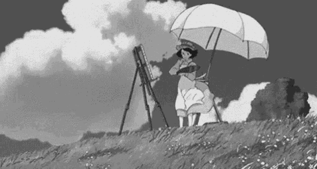 a black and white drawing of a woman holding an umbrella while painting on a canvas .