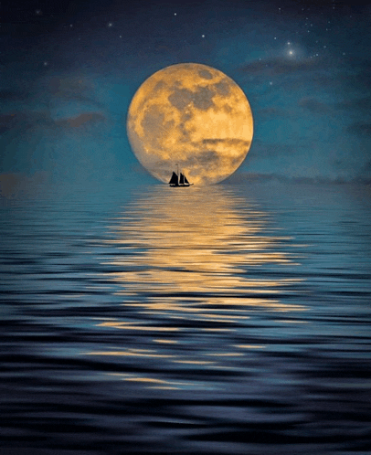 a full moon shines brightly over the ocean with a sailboat in the foreground