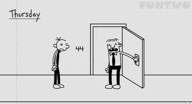 a drawing of a man standing next to a door with the word thursday written on it