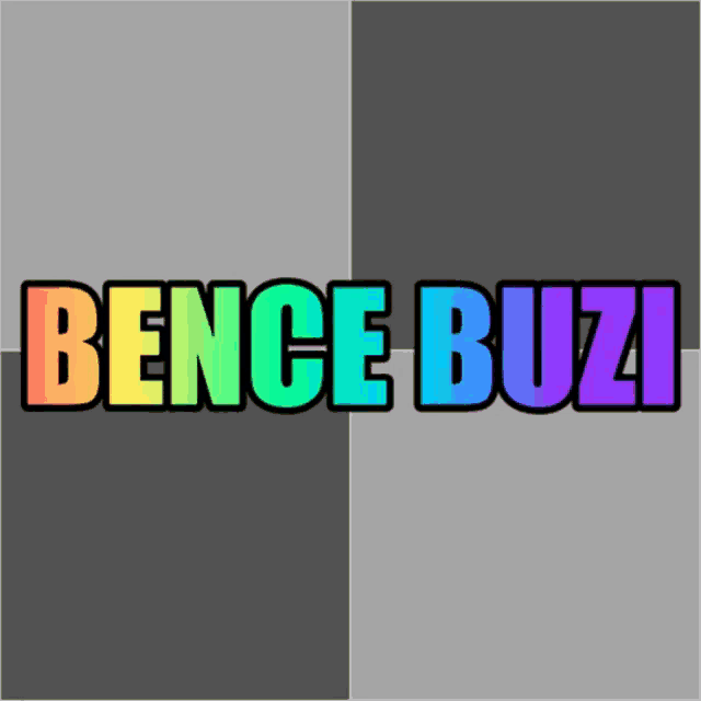 a rainbow colored bence buzi logo on a gray background