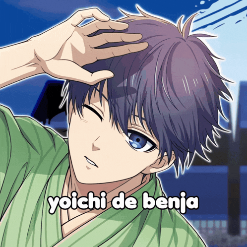 a picture of a boy with purple hair and the name yoichi de benja