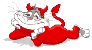 a cartoon cat with horns and a tail is laying down on the ground .