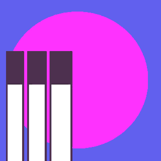 a blue background with a pink circle and three white bars