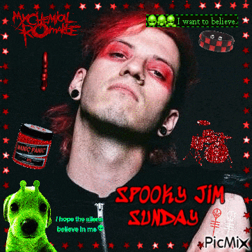 a poster for spooky jim sunday with a green monster
