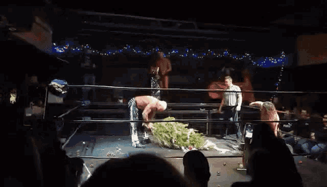 two men are wrestling in a ring with a referee standing behind them