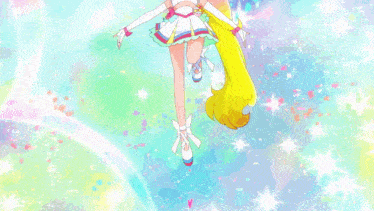 a cartoon girl with a flower in her hair is flying through the air