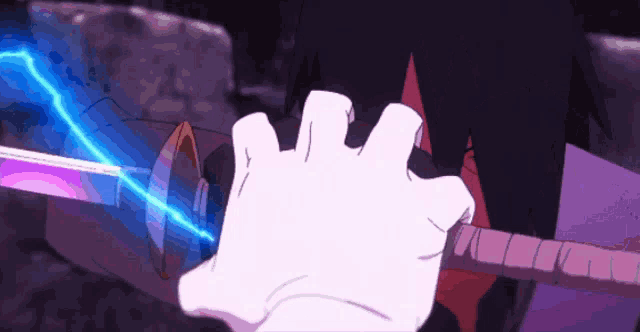a close up of a person holding a sword with a lightning bolt coming out of it