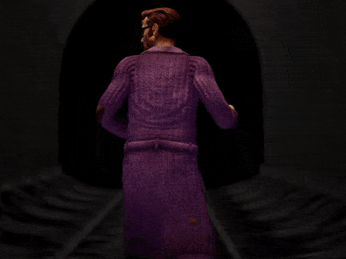 a cartoon character with blood on his face and a green hat is walking through a tunnel .