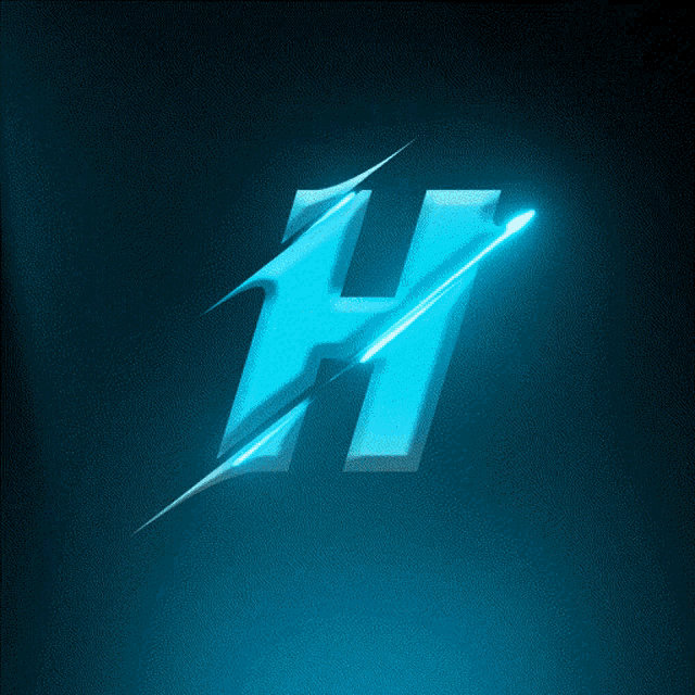 a blue lightning bolt with the letter h in the middle