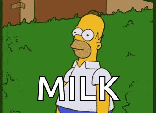 a cartoon of homer simpson standing in a grassy field with the word milk written below him