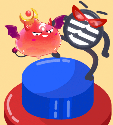 a cartoon of a devil and a magnifying glass on a button