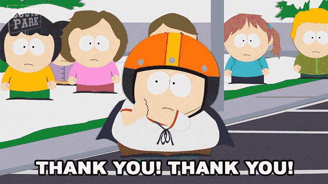 a south park character says thank you in front of a group of kids