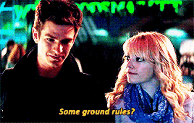 a man and a woman are standing next to each other and the woman asks the man some ground rules