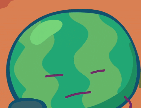 a cartoon drawing of a green watermelon with a sad face