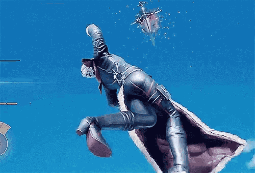 a video game character is holding a sword in the air .