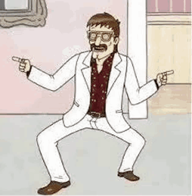 a cartoon man in a white suit and glasses is dancing and pointing at something .