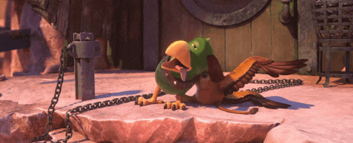 two cartoon birds are chained to each other on a rock and one has its mouth open