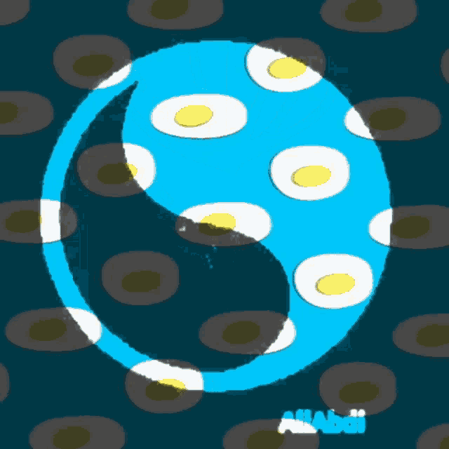 a blue circle surrounded by fried eggs with the word alabi below it