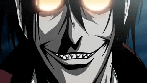 a close up of a cartoon character 's face with glowing eyes and a smile