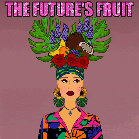 an illustration of a woman with fruit on her head and the words " the future 's fruit " below her