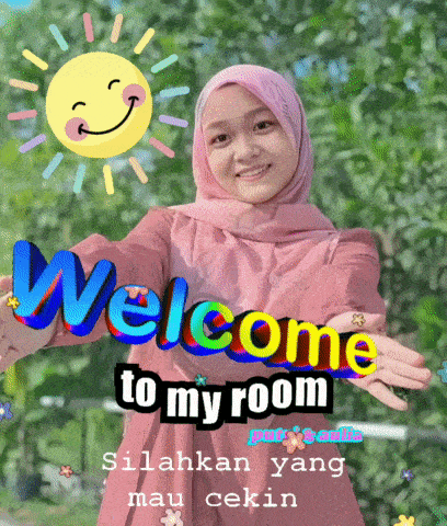 a woman in a pink hijab is standing in front of a sun and says welcome to my room