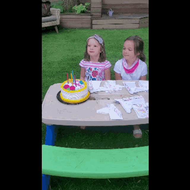 two little girls sit at a picnic table with a birthday cake