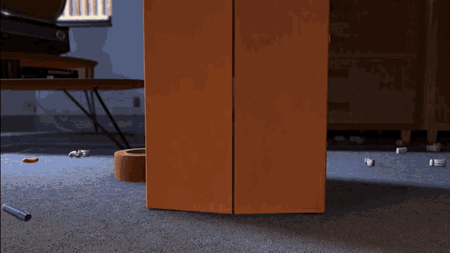 woody from toy story is standing in a closet with his head sticking out