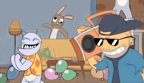 a cartoon of a man wearing sunglasses holding a boombox while a cat and a rabbit look on .