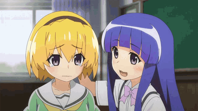 two anime girls with purple hair are standing next to each other in a room