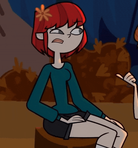 a cartoon girl with red hair and a flower in her hair making a funny face