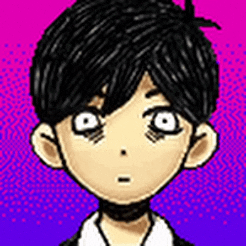 a pixel art drawing of a boy with black hair and white eyes .