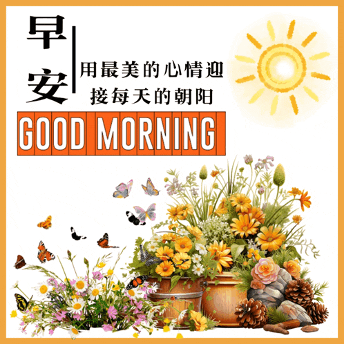 a poster that says good morning with flowers and butterflies on it