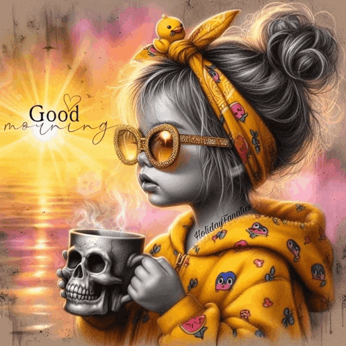 a little girl is holding a cup of coffee with a skull in her hand