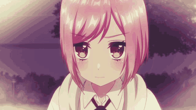 a girl with short pink hair is wearing a white shirt and black tie