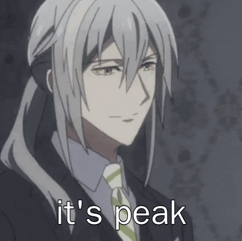 a man with long white hair is wearing a suit and tie and the words `` it 's peak '' .