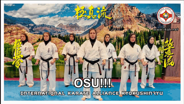 a group of women in karate uniforms are standing in front of a mountain and the words osu !!!