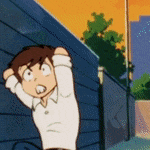 a cartoon character is standing in front of a fence with his hands on his head