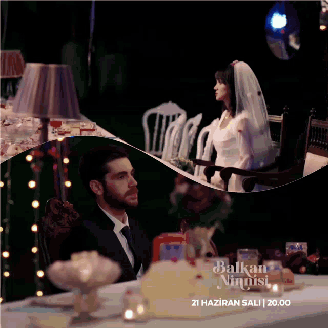 a bride and groom are sitting at a table with the words balkan ninmisi on the bottom