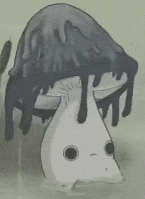 a black and white drawing of a cat with a mushroom on it 's head