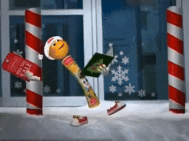 a candy cane elf is holding a book in front of a window with snowflakes painted on it