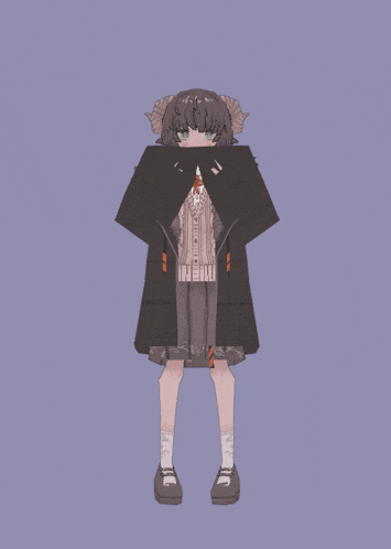 a drawing of a girl with horns and a coat that says ' hein ' on it