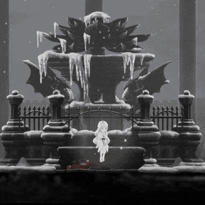 a black and white photo of a fountain with icicles and a statue of a woman