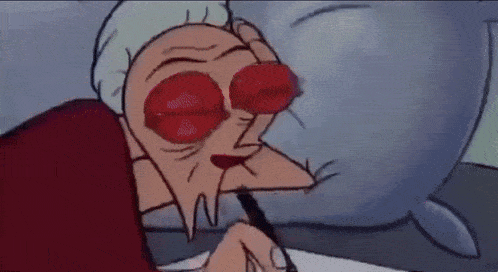a cartoon character with big pink eyes is writing on a piece of paper ..