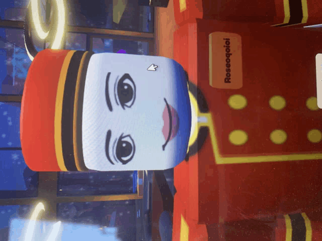 a cartoon character with a red hat and a sign that says roseqqoi