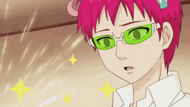 a cartoon character with pink hair and green glasses is standing in front of a wall .