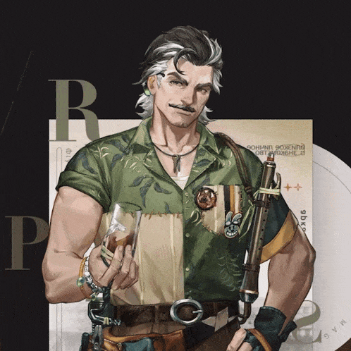 a man in a green shirt is holding a glass and a rifle